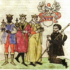 Arnold von Harff betet zu Beginn seiner Reise am Kölner Dreikönigsschrein