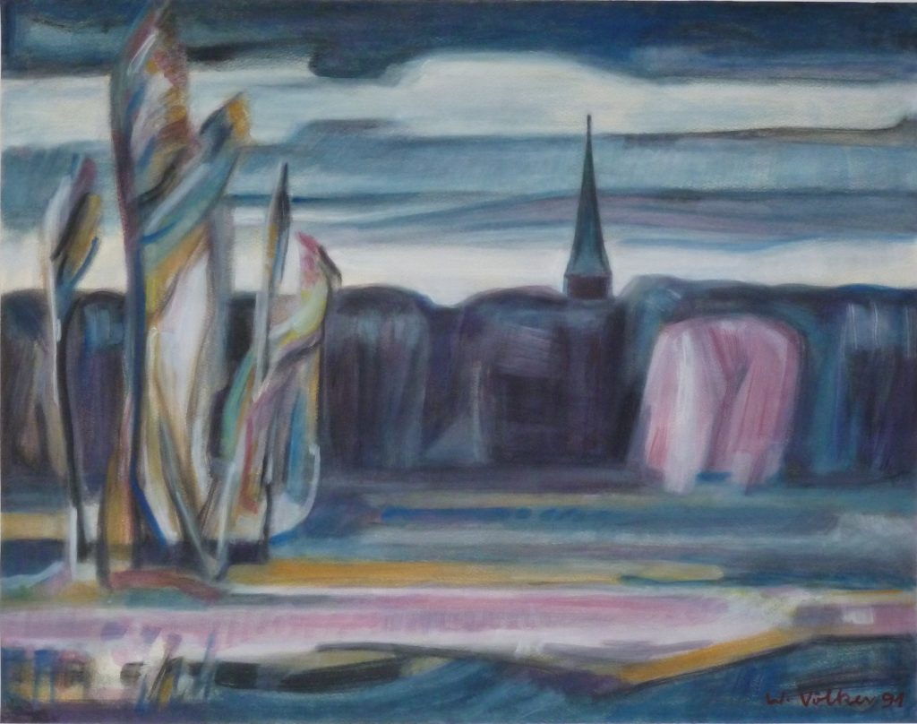 © Will Völker Archiv | Landschaft mit Kirchturm, 1991, Tempera