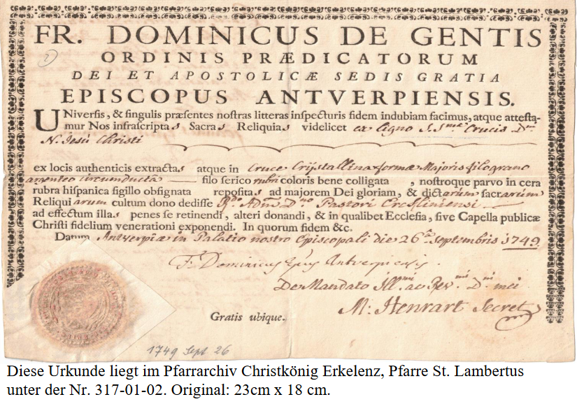 © Pfarrarchiv Christkönig | Reliquienurkunde