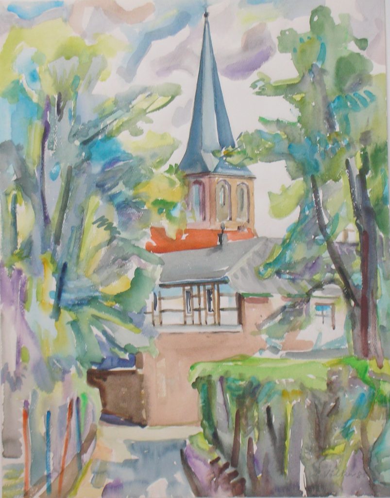© Will Völker Archiv | Elfriede Völker | Schwanenberg, Ev. Kirche,1981 Aquarell
