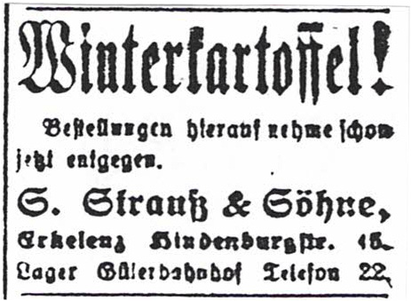 © Erkelenzer Kreisblatt | Zeitungsauschn Strauß Geschäftsanz-Winterkartoffel-08-09-1921