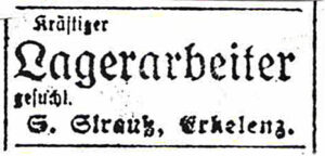© Erkelenzer Kreisblatt | Zeitungsauschnitt Strauß Ernst_Suche Lagerarbeiter 03-05-1919