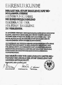 © Dr. Rainer Klügel | Ehrenurkunde zur Verleihung der Ehrenbezeichnung 'Ehrenratsherr der Stadt Erkelenz' (1961)