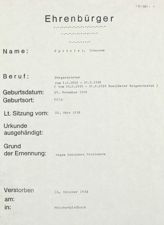 © Stadtarchiv Erkelenz | Ehrenbürger Johannes Spitzlei