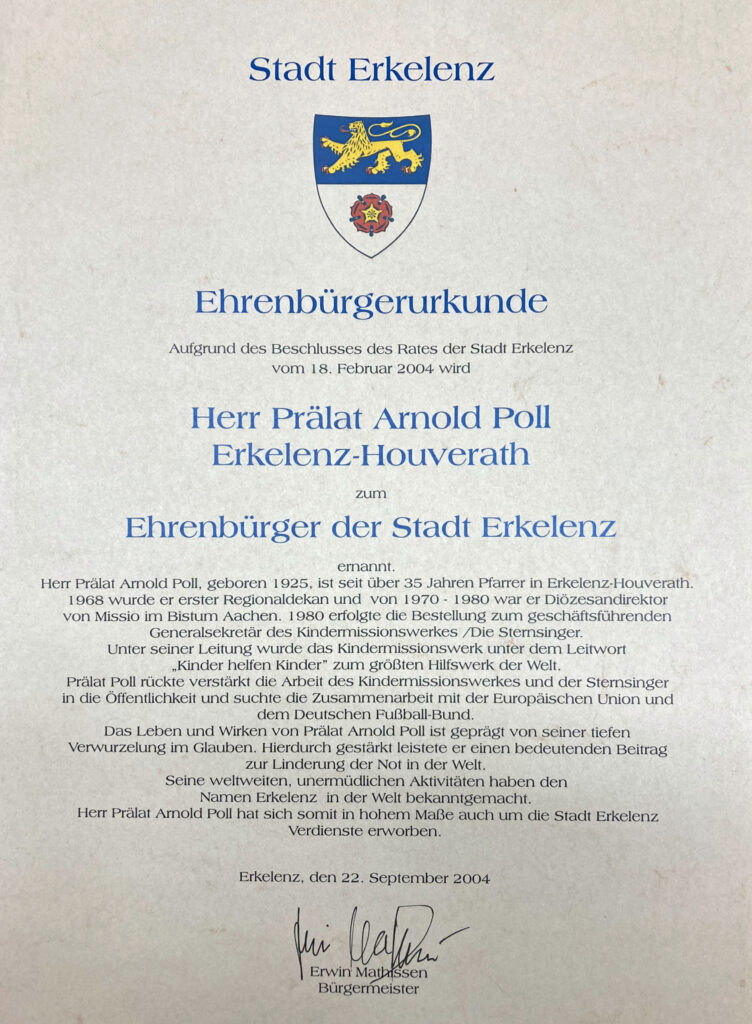 © Pfarrarchiv Christkönig Erkelenz | Wolfgang Lothmann | Ehrenbuergerurkunde-Poll