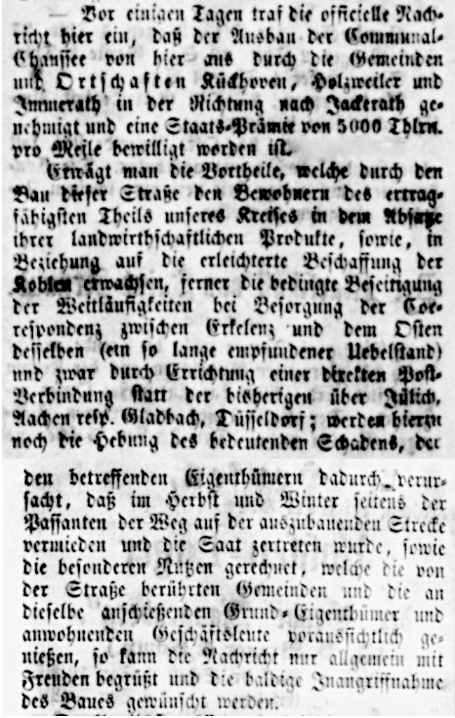 1854-10-28- Erkelenzer Kreisblatt Ausbau Communalchaussee Erkelenz-Jackerath
