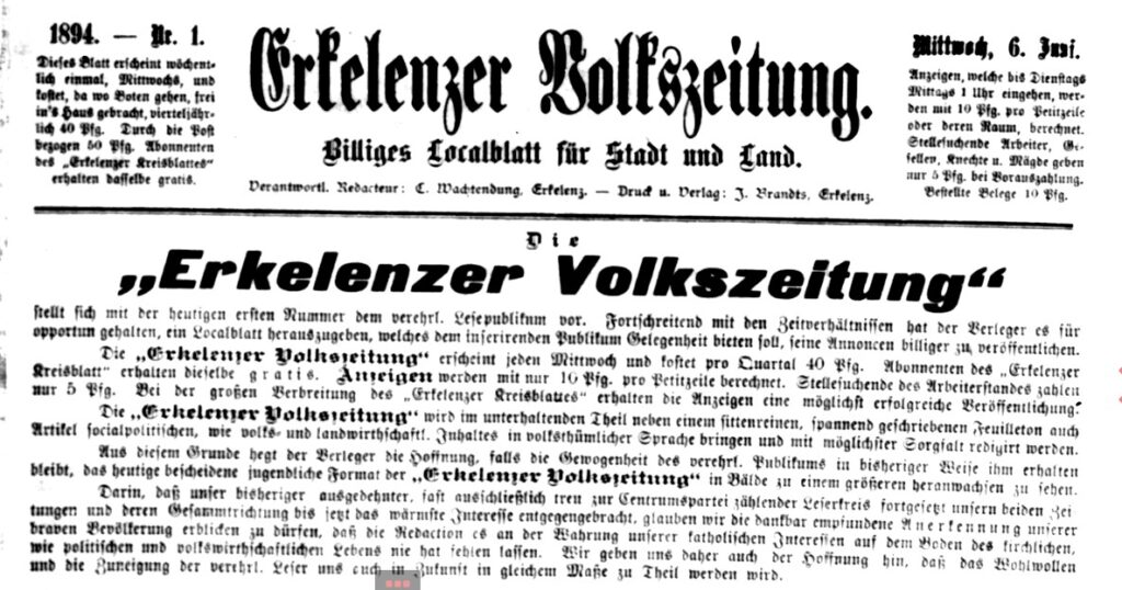 © Zeitpunkt.nrw | 1. Erkelenzer Volkszeitung . Juni 1894