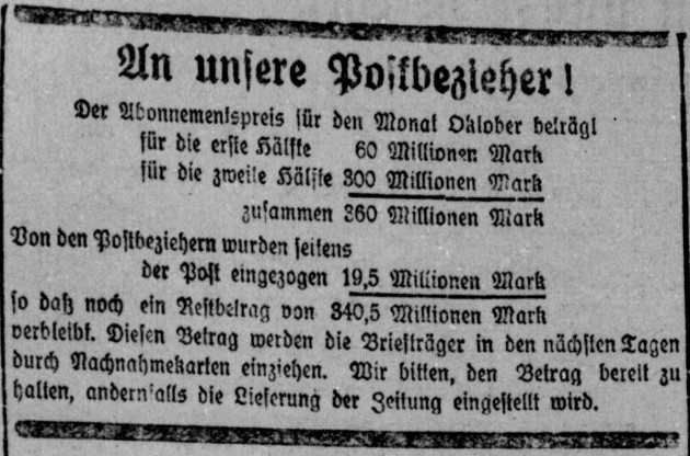 © Zeitpunkt.nrw | unbekannt | Abonnementspreis; 13.10.1923