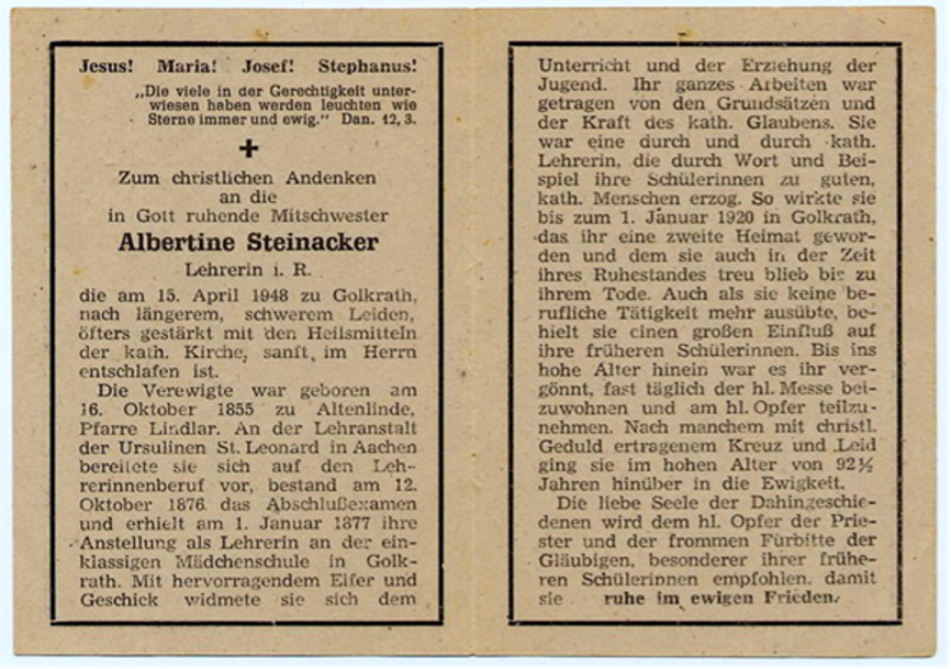 © WGfF | Totenzettel Albertine Steinacker